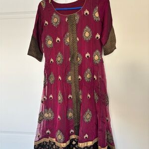 Elegant Maroon and Gold Women's Dress